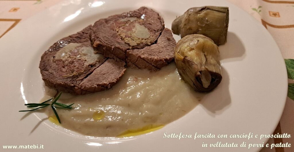 Sottofesa di vitello farcita con carciofi e prosciutto in vellutata di porri e patate