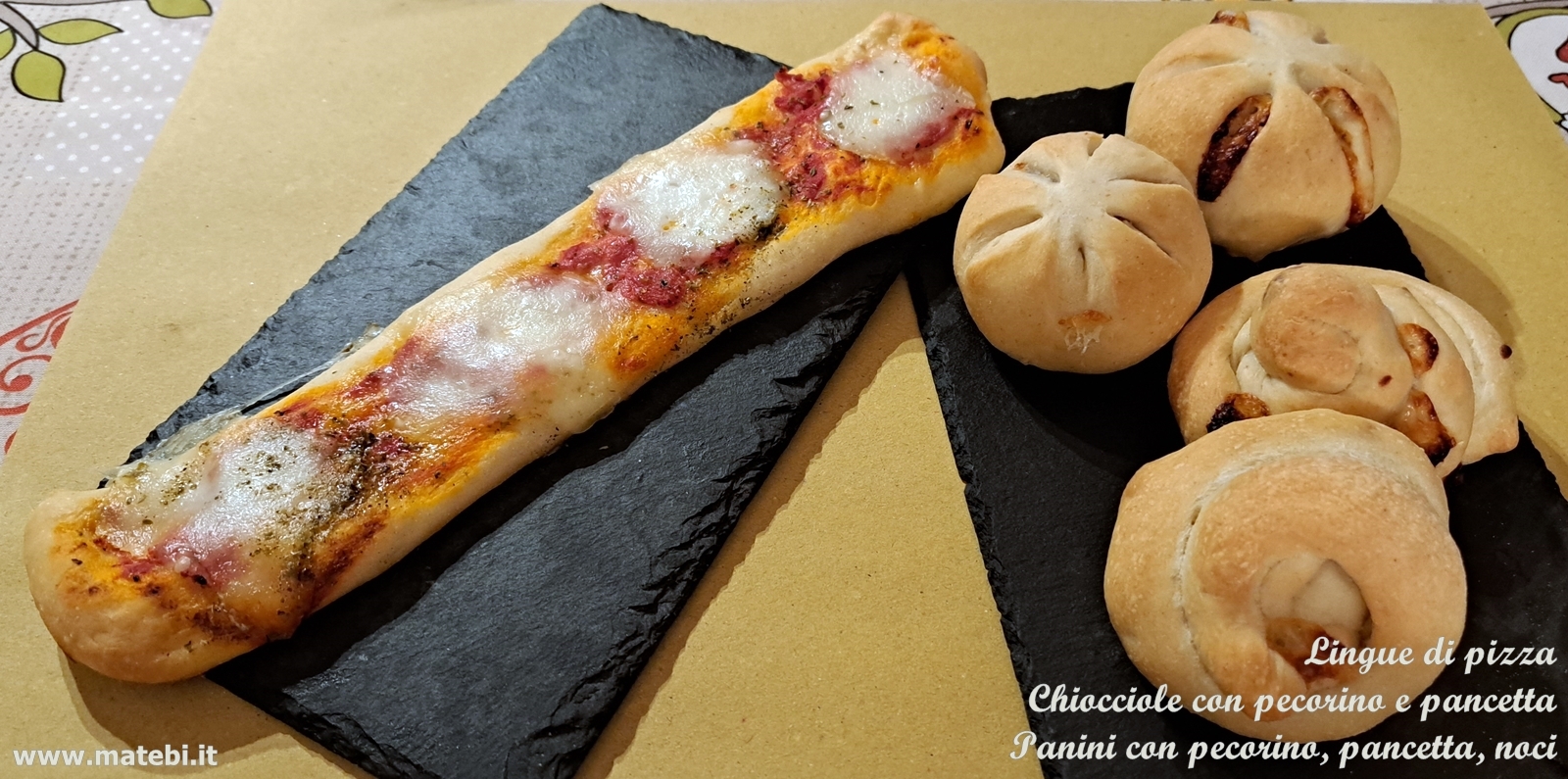 Lingue di pizza Chiocciole con pecorino e pancetta Panini con pecorino, pancetta, noci